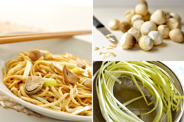 Dry-Fried E-Fu Noodles with Straw Mushrooms and Yellow Chives 