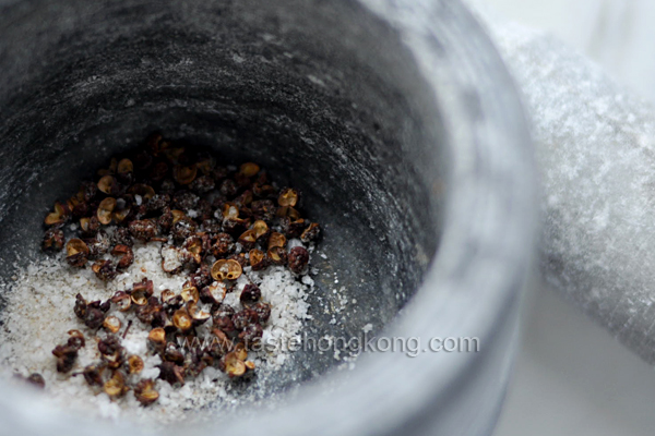 Peppercorn and Salt in Mortar