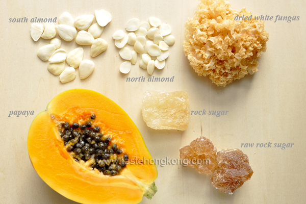 Ingredients for White Fungus aka Snow Ear Fungus Sweet Soup with Papaya