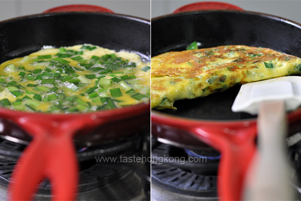 Fried Eggs with Chinese Chives in Le Creuset Pan