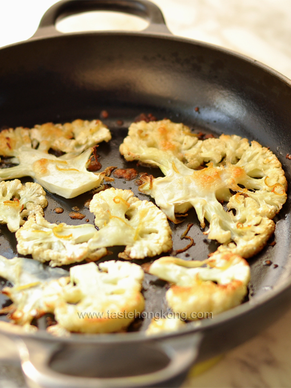 Roasted Sliced Cauliflower with Chedder and Lemon Zest